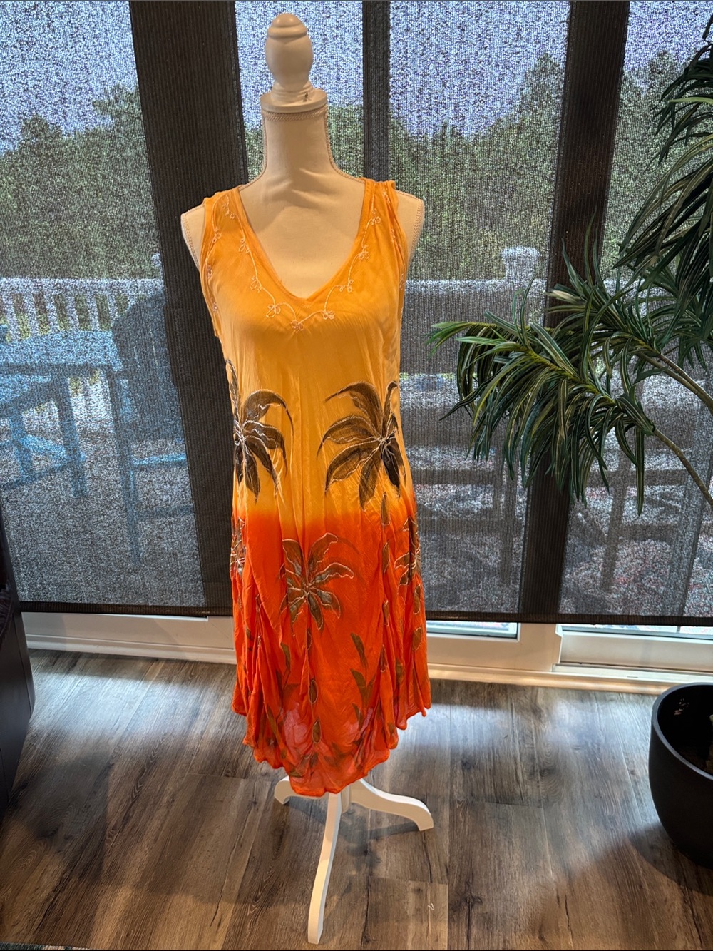 Elodie Orange-to-Red Ombre Palm-Print Swim Coverup Dress